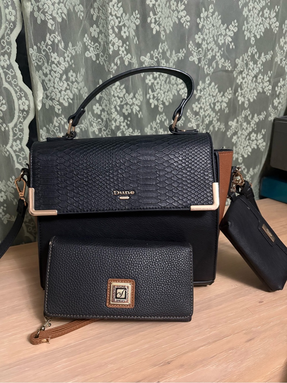 Black Textured Top-Handle Satchel with Wallet